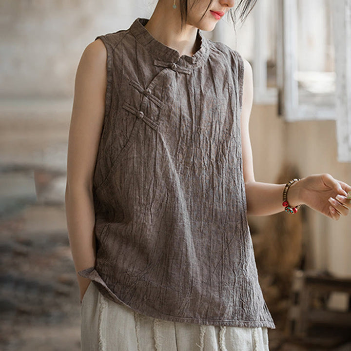 Buddha Stones Letnia kamizelka damska z bawełny ramii bez rękawów z nadrukiem tie-dye i guzikami żaby - image 14