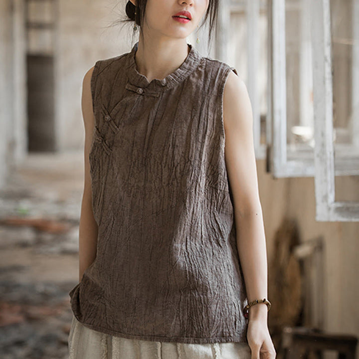 Buddha Stones Letnia kamizelka damska z bawełny ramii bez rękawów z nadrukiem tie-dye i guzikami żaby - image 19