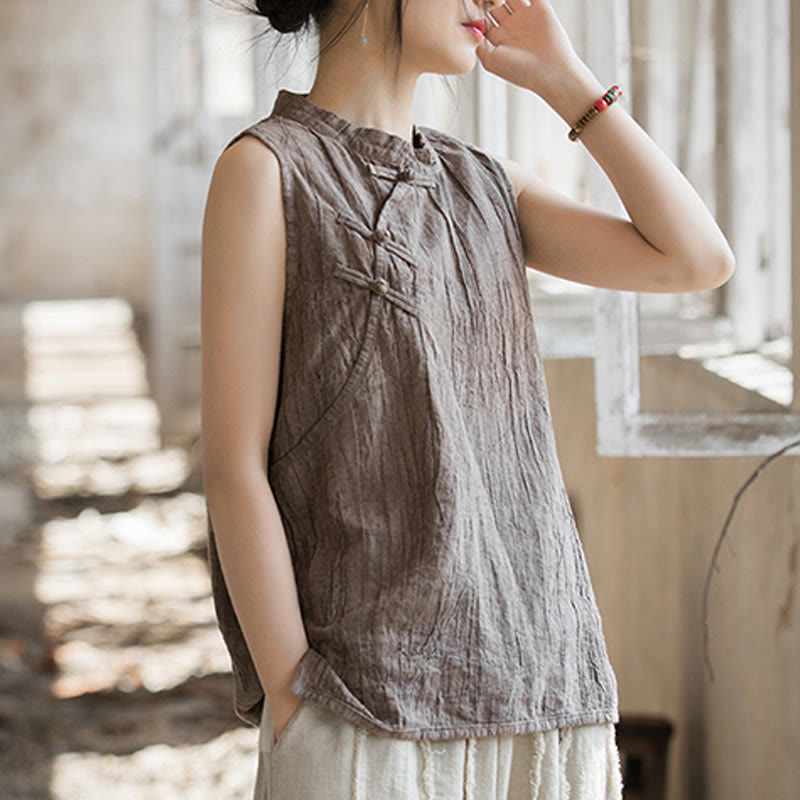 Buddha Stones Letnia kamizelka damska z bawełny ramii bez rękawów z nadrukiem tie-dye i guzikami żaby - image 18