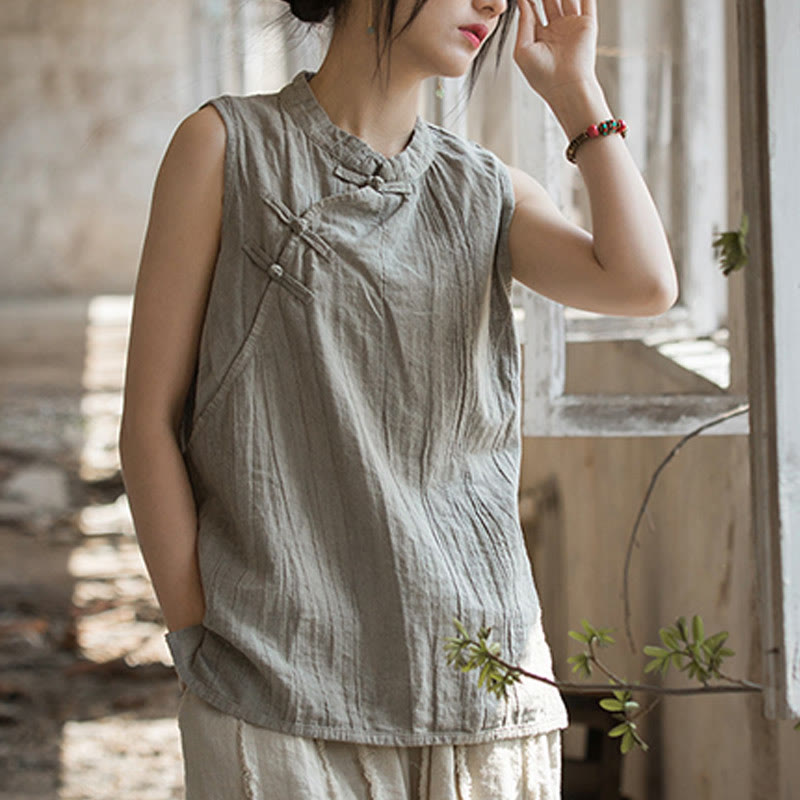 Buddha Stones Letnia kamizelka damska z bawełny ramii bez rękawów z nadrukiem tie-dye i guzikami żaby - image 22