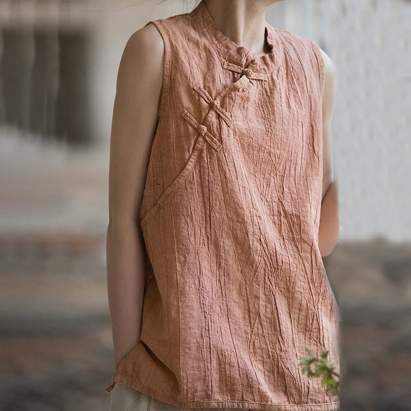 Buddha Stones Letnia kamizelka damska z bawełny ramii bez rękawów z nadrukiem tie-dye i guzikami żaby - image 10