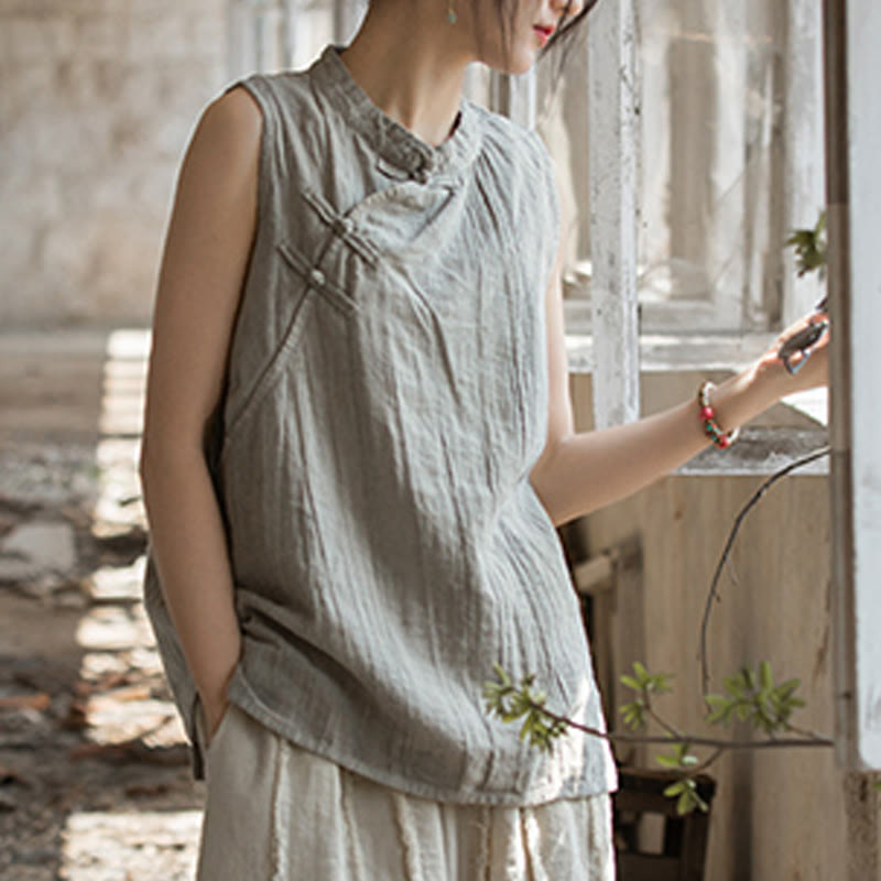 Buddha Stones Letnia kamizelka damska z bawełny ramii bez rękawów z nadrukiem tie-dye i guzikami żaby - image 24