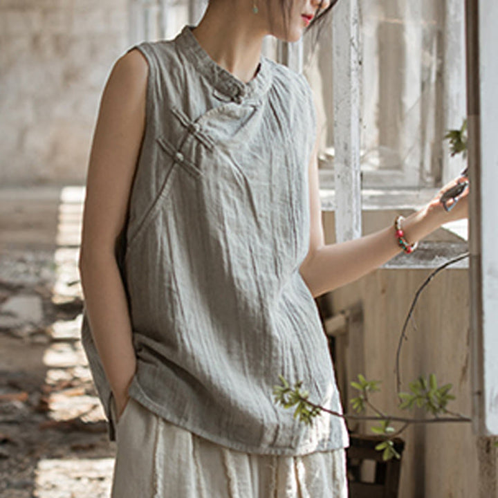 Buddha Stones Letnia kamizelka damska z bawełny ramii bez rękawów z nadrukiem tie-dye i guzikami żaby - image 24