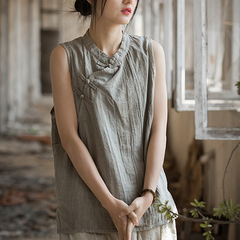 Buddha Stones Letnia kamizelka damska z bawełny ramii bez rękawów z nadrukiem tie-dye i guzikami żaby - image 21