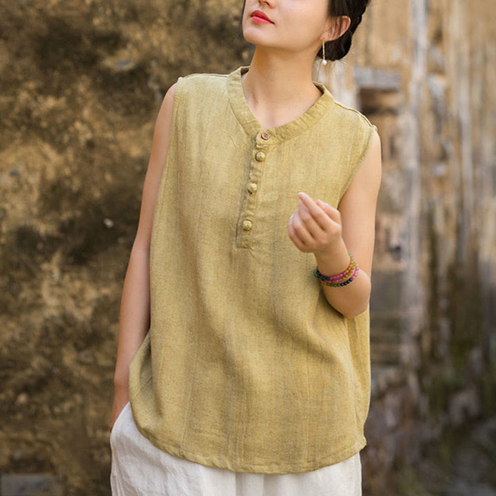 Buddha Stones Letnia kamizelka damska bez rękawów z guzikami tie-dye z lnu - Blada nawłoć - US4-6, UK/AU8-10, EU36-38 (F) - image 1