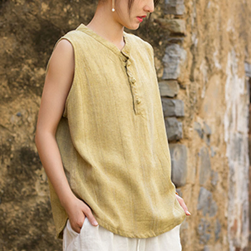 Buddha Stones Letnia kamizelka damska bez rękawów z guzikami tie-dye z lnu - image 3