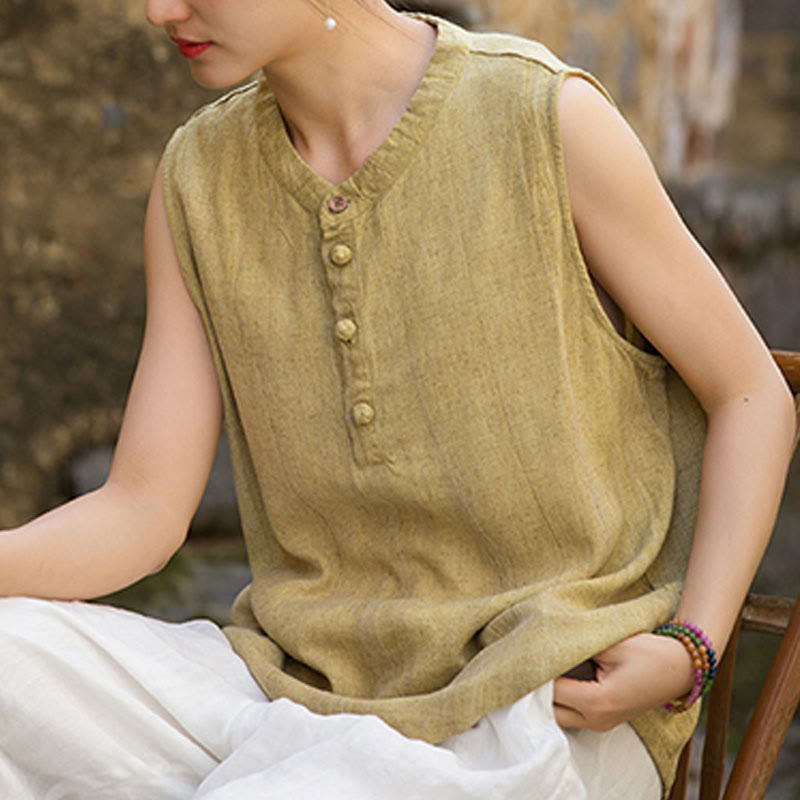 Buddha Stones Letnia kamizelka damska bez rękawów z guzikami tie-dye z lnu - image 6