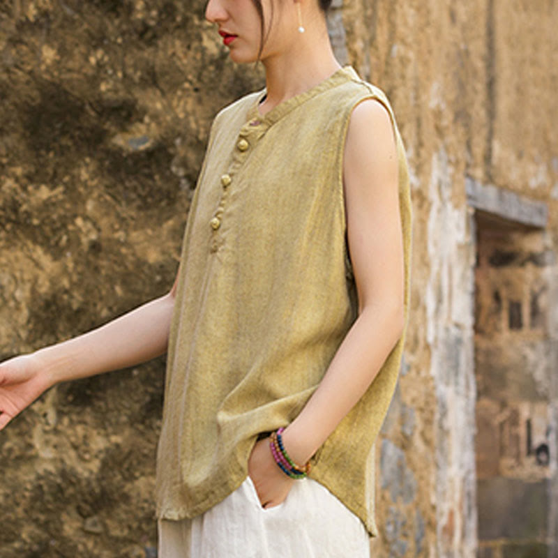 Buddha Stones Letnia kamizelka damska bez rękawów z guzikami tie-dye z lnu - image 4