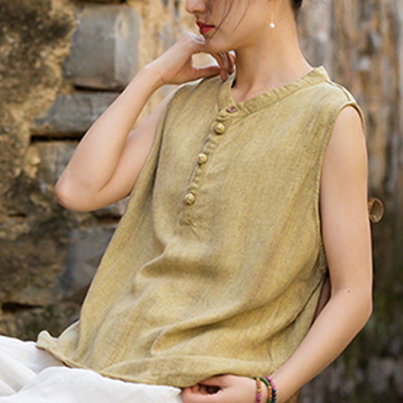 Buddha Stones Letnia kamizelka damska bez rękawów z guzikami tie-dye z lnu - image 7