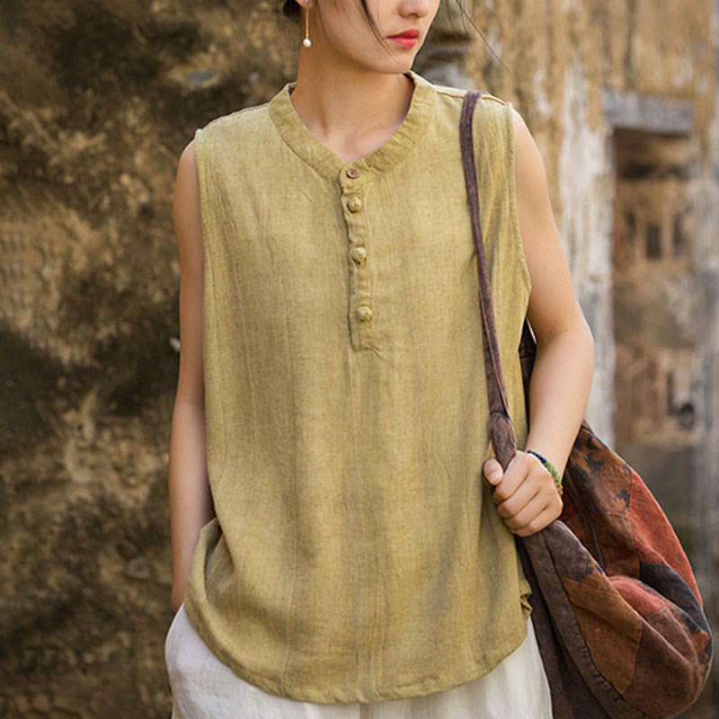 Buddha Stones Letnia kamizelka damska bez rękawów z guzikami tie-dye z lnu - image 2