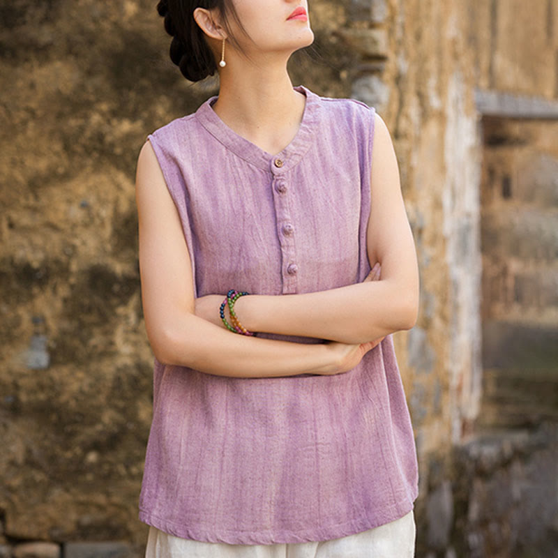 Buddha Stones Letnia kamizelka damska bez rękawów z guzikami tie-dye z lnu - image 11