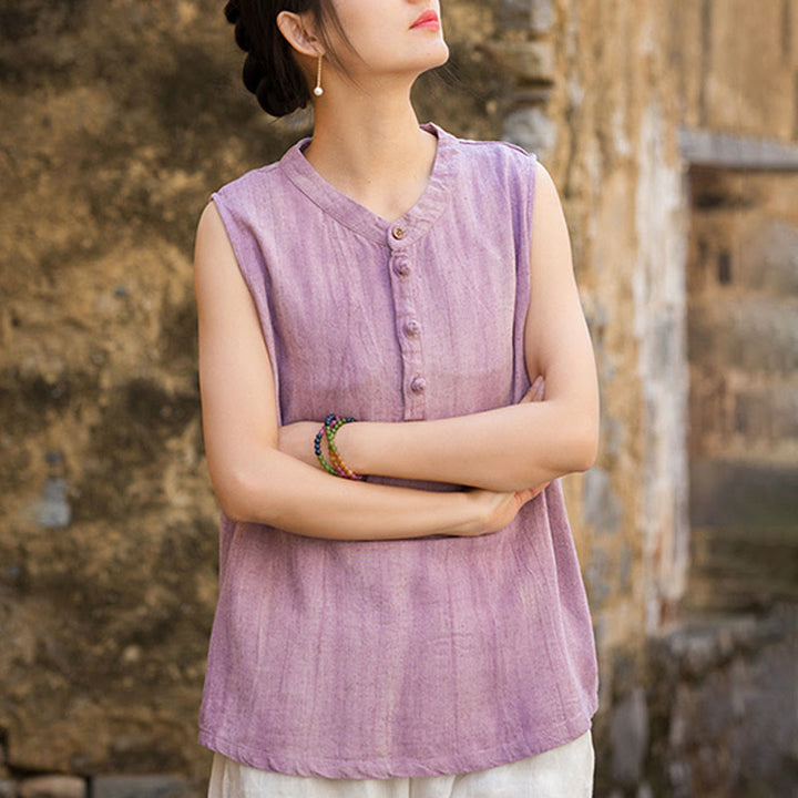 Buddha Stones Letnia kamizelka damska bez rękawów z guzikami tie-dye z lnu - image 11