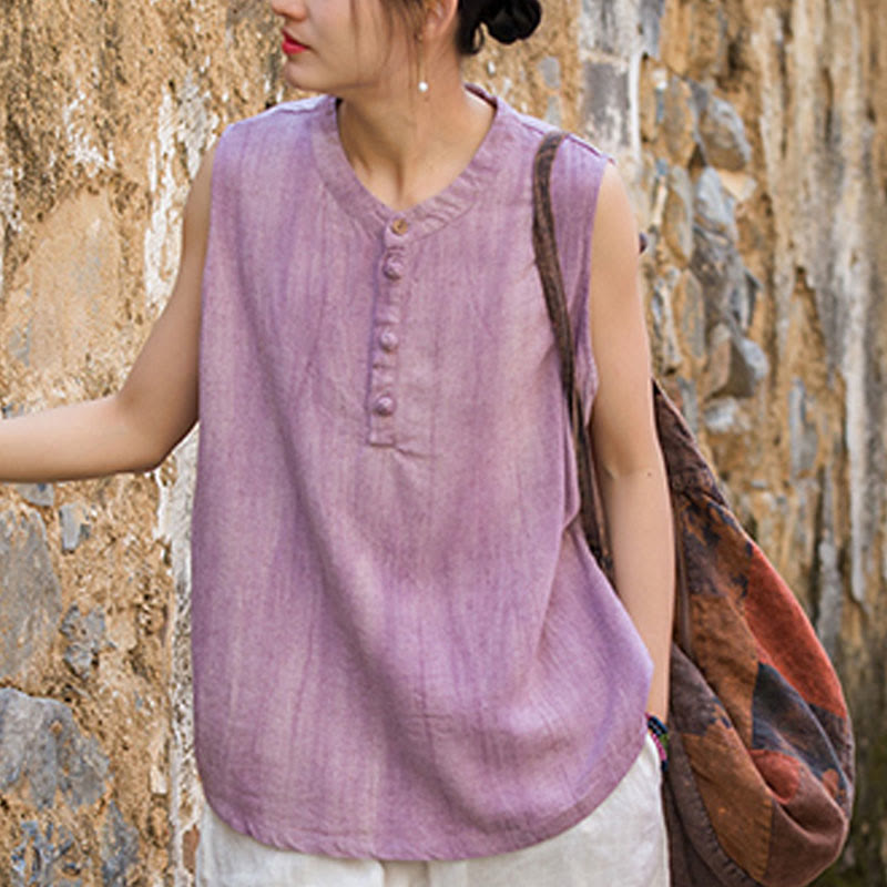 Buddha Stones Letnia kamizelka damska bez rękawów z guzikami tie-dye z lnu - image 16