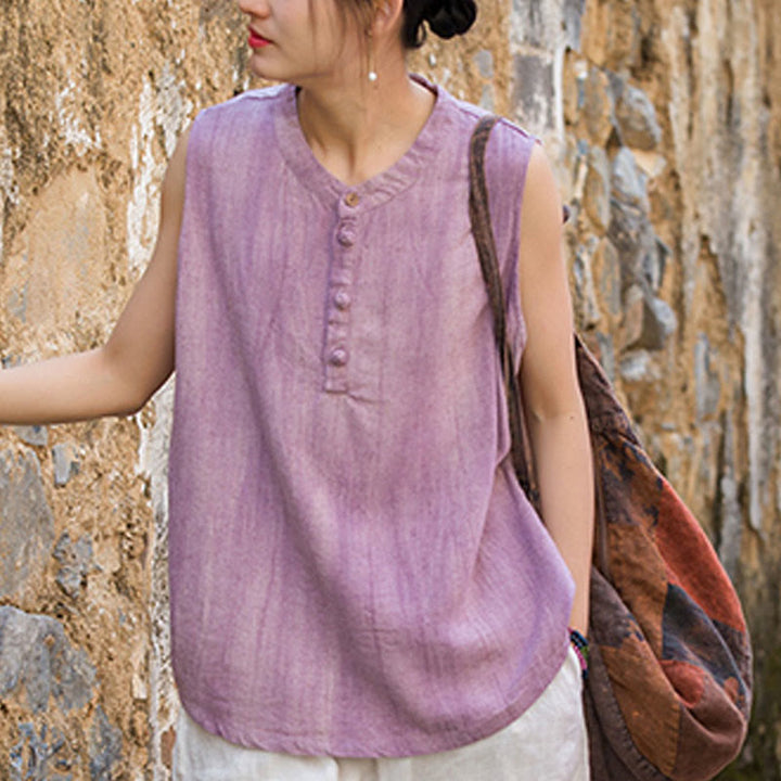 Buddha Stones Letnia kamizelka damska bez rękawów z guzikami tie-dye z lnu - image 16