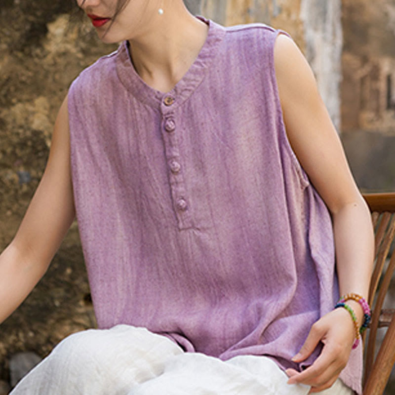 Buddha Stones Letnia kamizelka damska bez rękawów z guzikami tie-dye z lnu - image 17