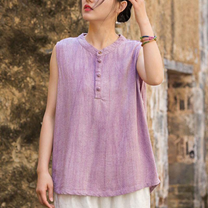 Buddha Stones Letnia kamizelka damska bez rękawów z guzikami tie-dye z lnu - image 14