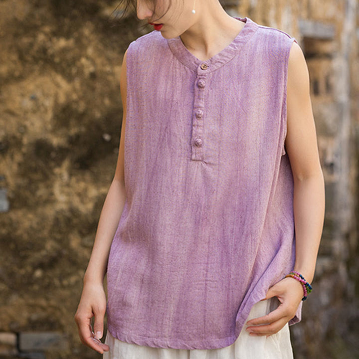 Buddha Stones Letnia kamizelka damska bez rękawów z guzikami tie-dye z lnu - image 13