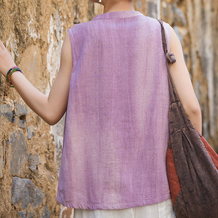 Buddha Stones Letnia kamizelka damska bez rękawów z guzikami tie-dye z lnu - image 12