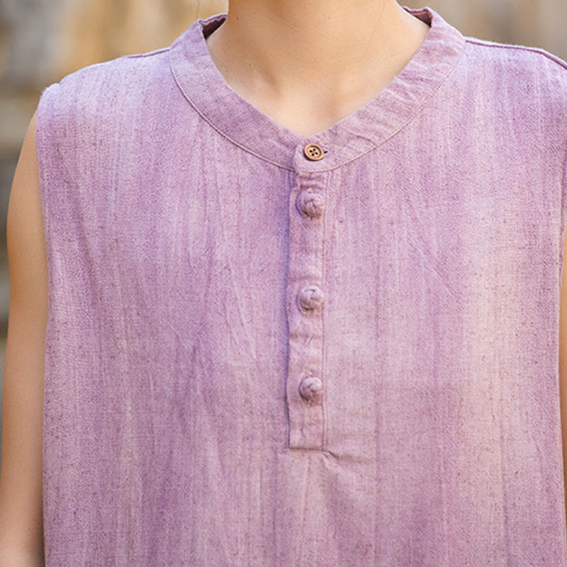 Buddha Stones Letnia kamizelka damska bez rękawów z guzikami tie-dye z lnu - image 19