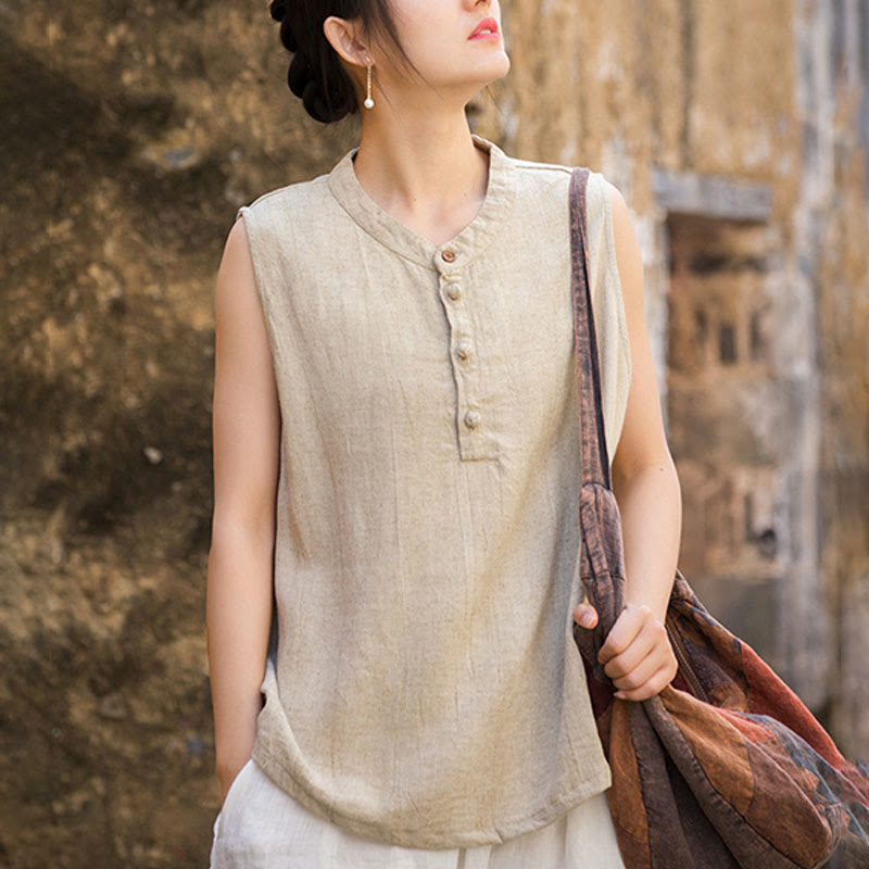 Buddha Stones Letnia kamizelka damska bez rękawów z guzikami tie-dye z lnu - image 22