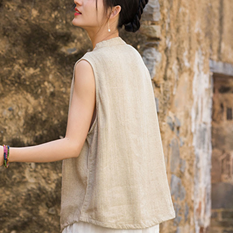 Buddha Stones Letnia kamizelka damska bez rękawów z guzikami tie-dye z lnu - image 26