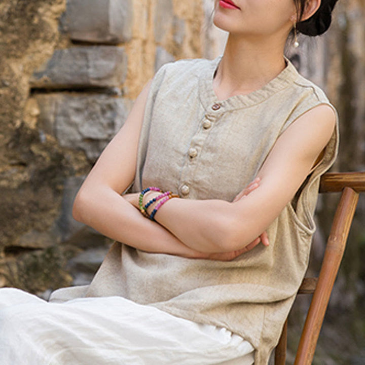 Buddha Stones Letnia kamizelka damska bez rękawów z guzikami tie-dye z lnu - image 27