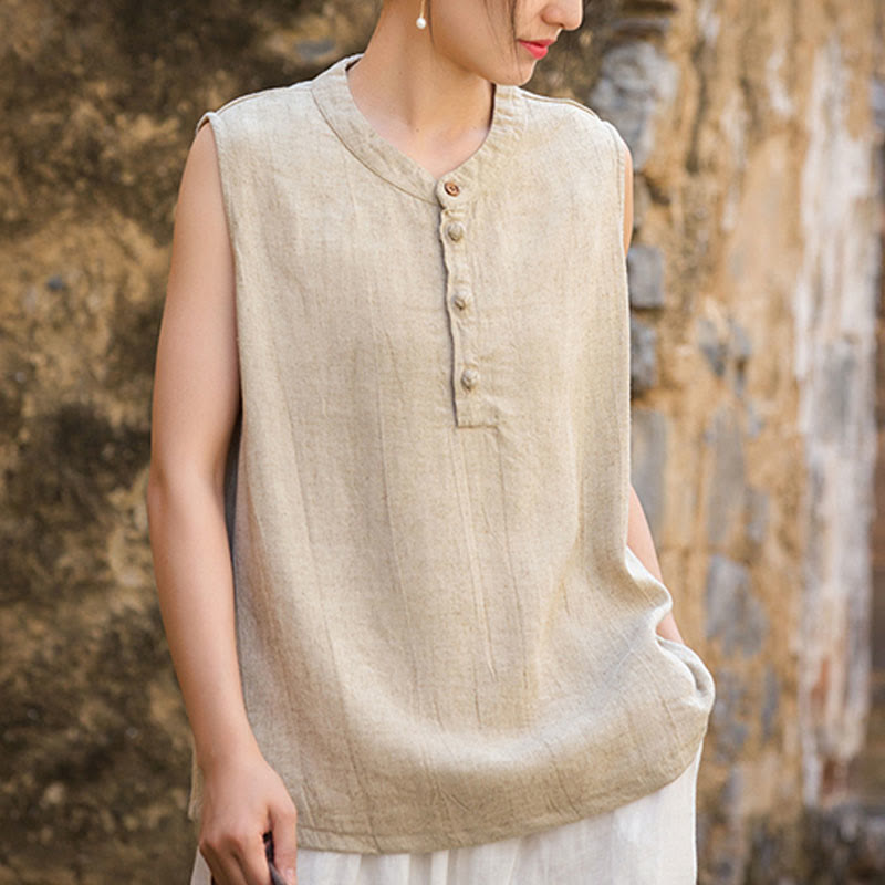 Buddha Stones Letnia kamizelka damska bez rękawów z guzikami tie-dye z lnu - image 24