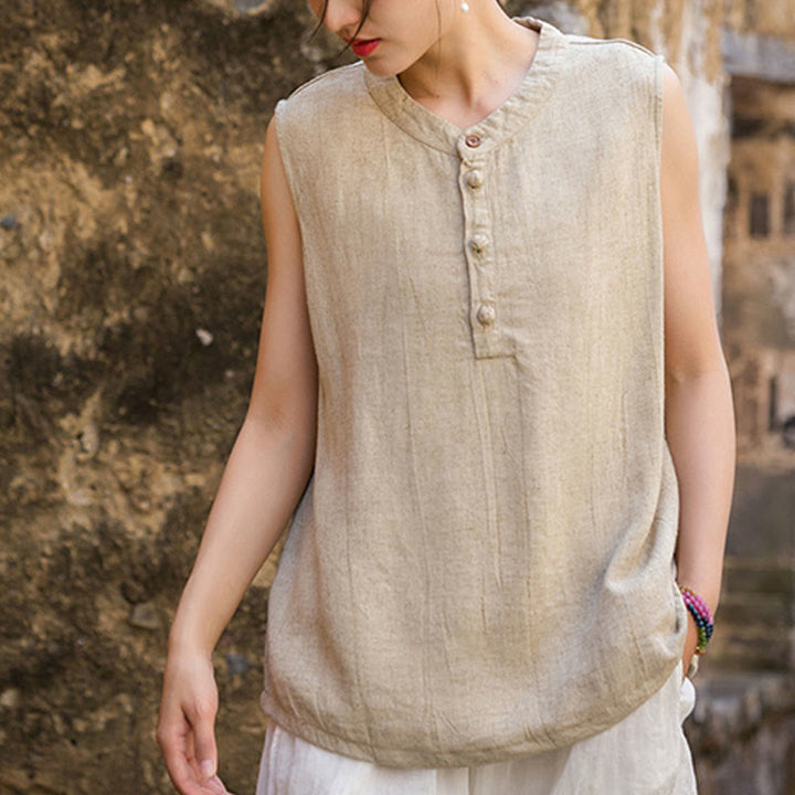Buddha Stones Letnia kamizelka damska bez rękawów z guzikami tie-dye z lnu - image 23