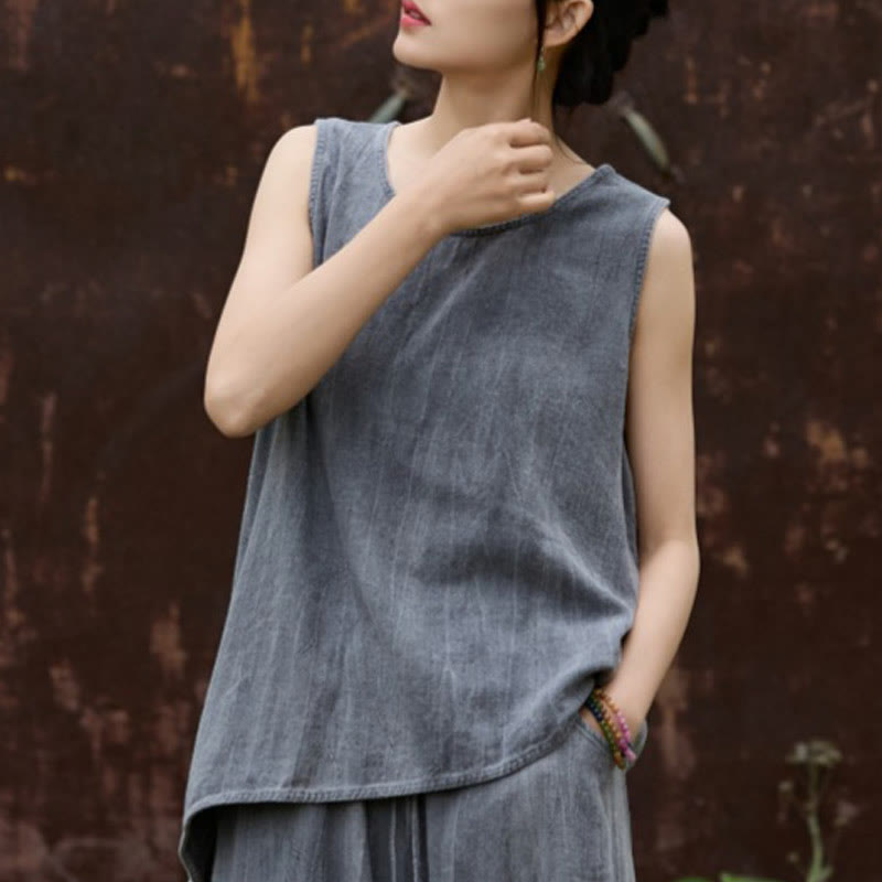 Buddha Stones Letnia lniana kamizelka bez rękawów z okrągłym dekoltem i nadrukiem tie-dye - DimGray - US4, UK/AU8, EU36 (F) - image 10