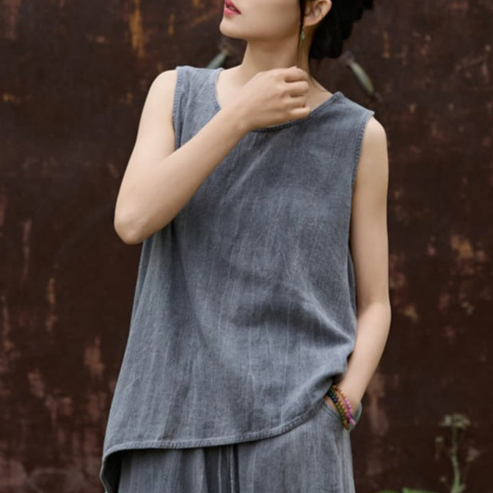 Buddha Stones Letnia lniana kamizelka bez rękawów z okrągłym dekoltem i nadrukiem tie-dye - DimGray - US4, UK/AU8, EU36 (F) - image 10
