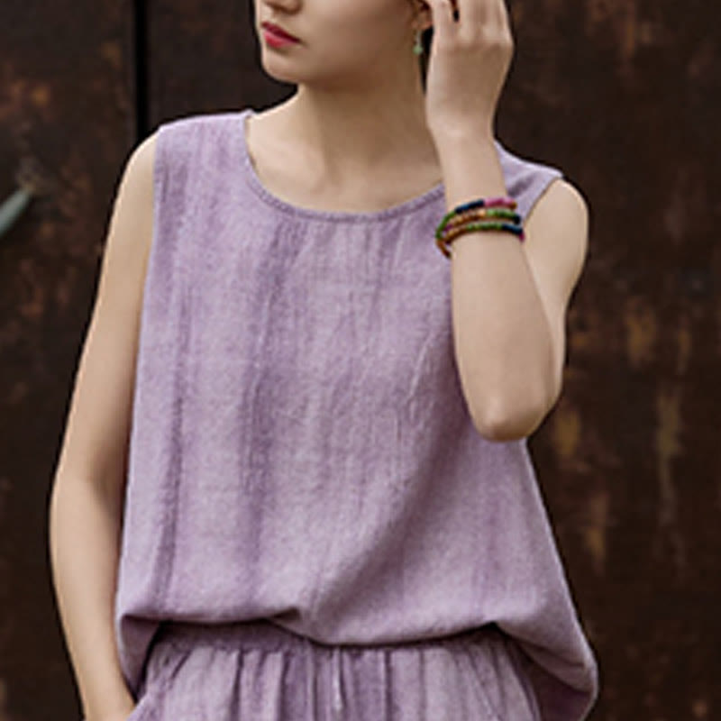 Buddha Stones Letnia lniana kamizelka bez rękawów z okrągłym dekoltem i nadrukiem tie-dye - image 7