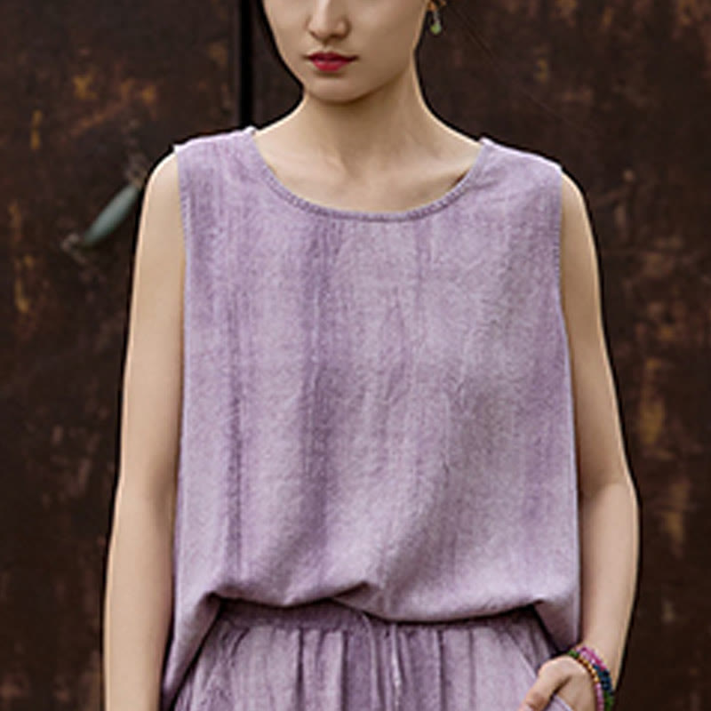 Buddha Stones Letnia lniana kamizelka bez rękawów z okrągłym dekoltem i nadrukiem tie-dye - image 6