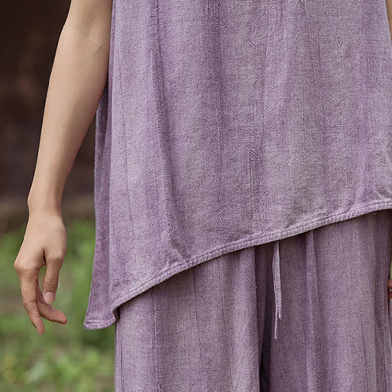 Buddha Stones Letnia lniana kamizelka bez rękawów z okrągłym dekoltem i nadrukiem tie-dye - image 9