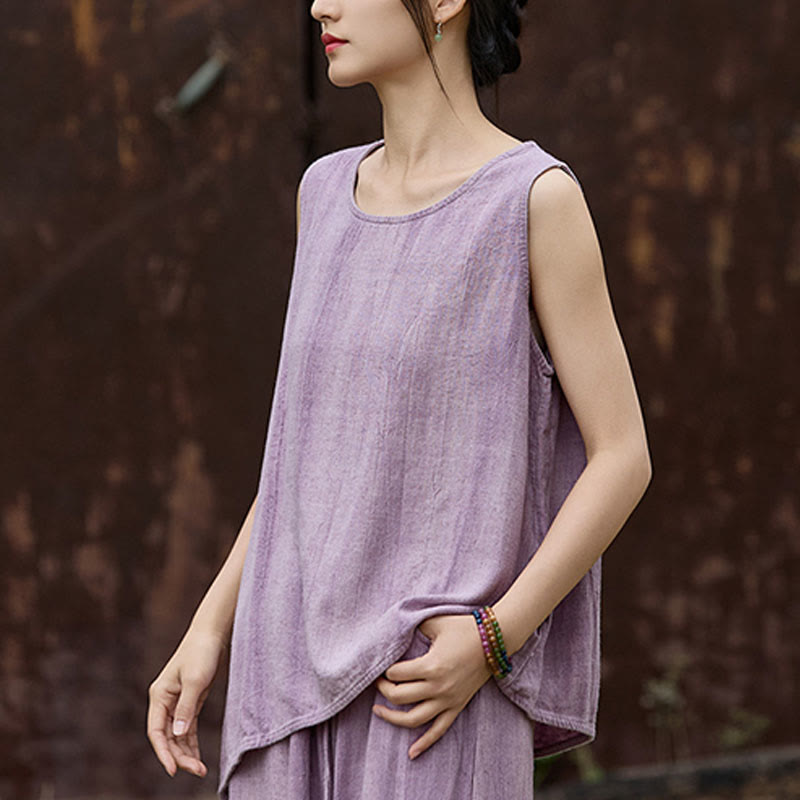 Buddha Stones Letnia lniana kamizelka bez rękawów z okrągłym dekoltem i nadrukiem tie-dye - image 2