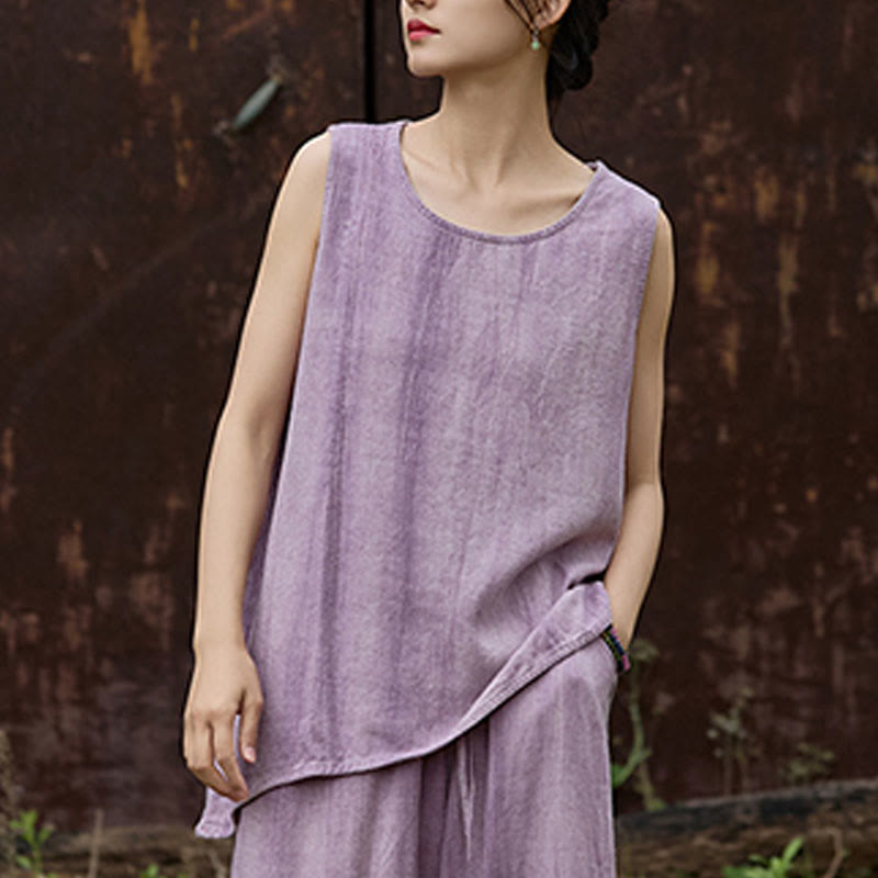 Buddha Stones Letnia lniana kamizelka bez rękawów z okrągłym dekoltem i nadrukiem tie-dye - image 4