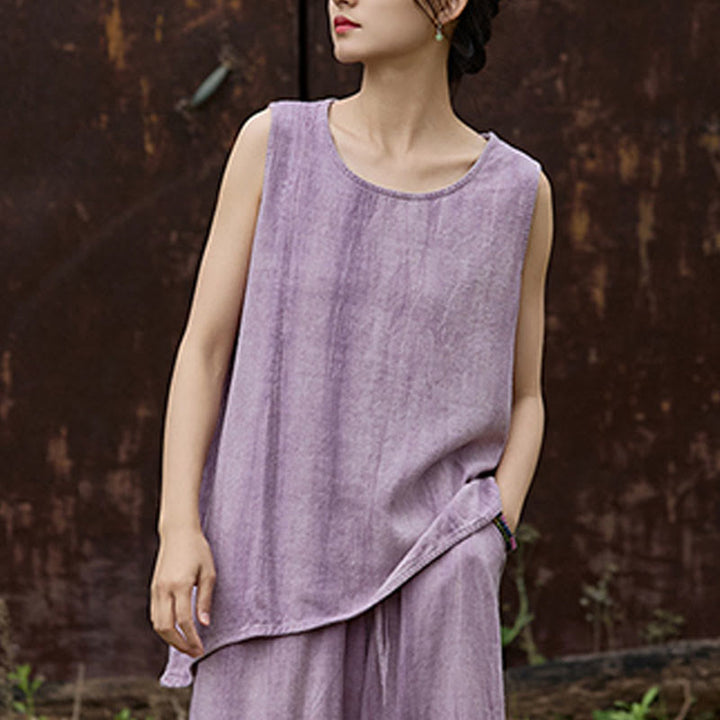 Buddha Stones Letnia lniana kamizelka bez rękawów z okrągłym dekoltem i nadrukiem tie-dye - image 4