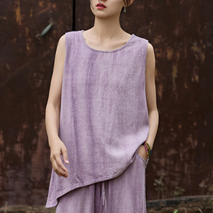 Buddha Stones Letnia lniana kamizelka bez rękawów z okrągłym dekoltem i nadrukiem tie-dye - image 5