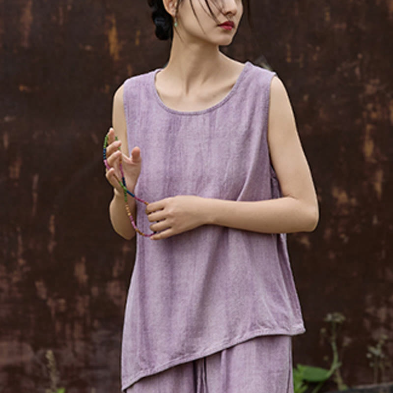 Buddha Stones Letnia lniana kamizelka bez rękawów z okrągłym dekoltem i nadrukiem tie-dye - image 3