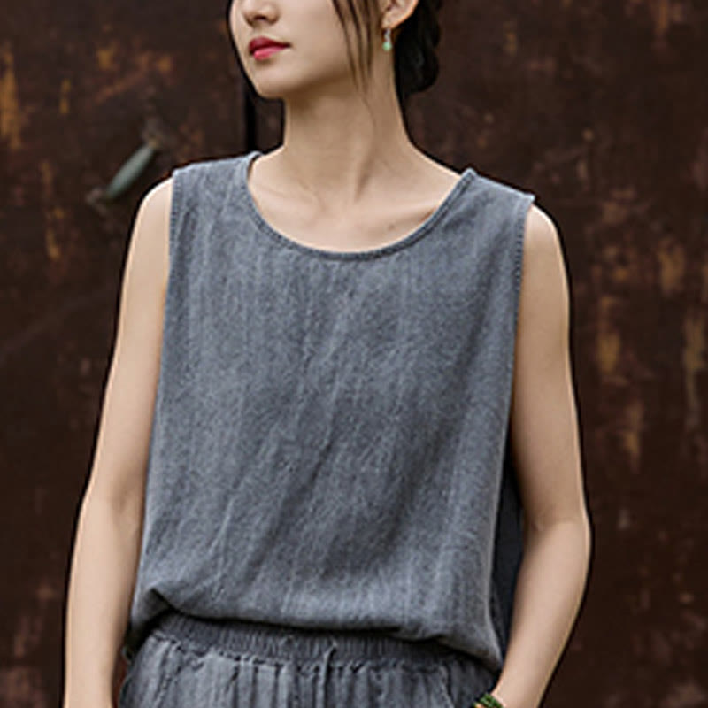 Buddha Stones Letnia lniana kamizelka bez rękawów z okrągłym dekoltem i nadrukiem tie-dye - image 14