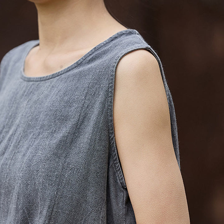 Buddha Stones Letnia lniana kamizelka bez rękawów z okrągłym dekoltem i nadrukiem tie-dye - image 15
