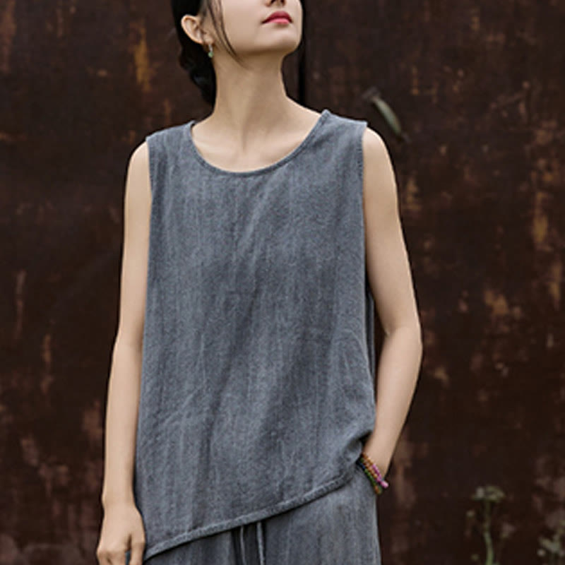 Buddha Stones Letnia lniana kamizelka bez rękawów z okrągłym dekoltem i nadrukiem tie-dye - image 11