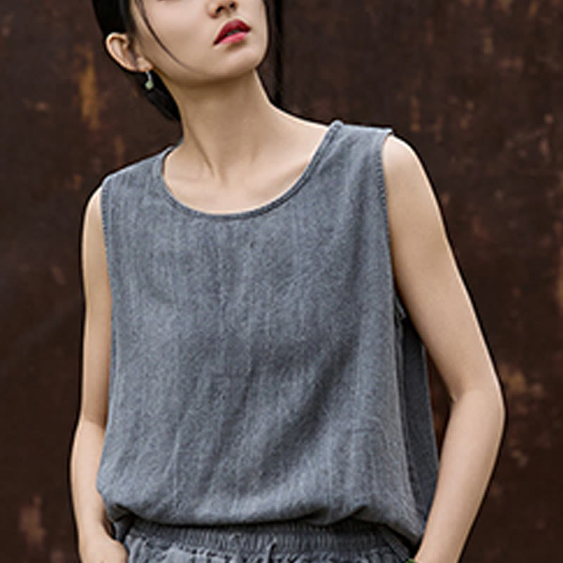 Buddha Stones Letnia lniana kamizelka bez rękawów z okrągłym dekoltem i nadrukiem tie-dye - image 13