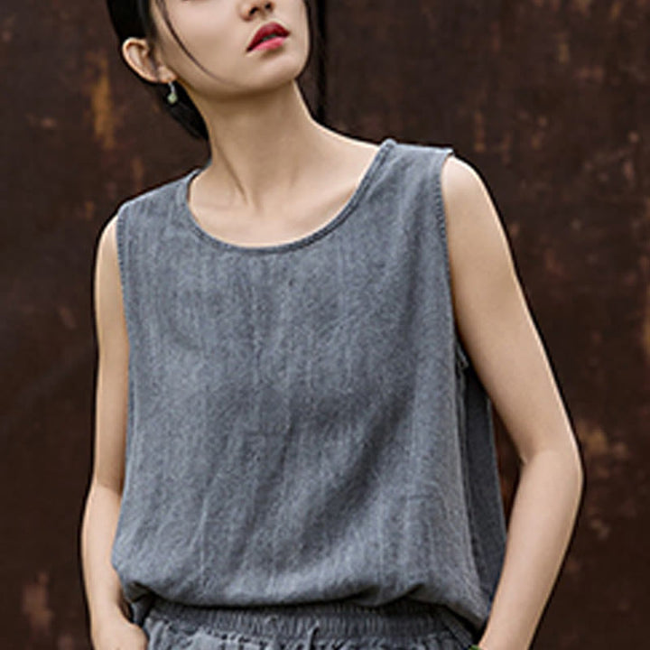 Buddha Stones Letnia lniana kamizelka bez rękawów z okrągłym dekoltem i nadrukiem tie-dye - image 13