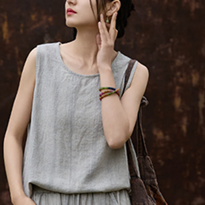 Buddha Stones Letnia lniana kamizelka bez rękawów z okrągłym dekoltem i nadrukiem tie-dye - image 22