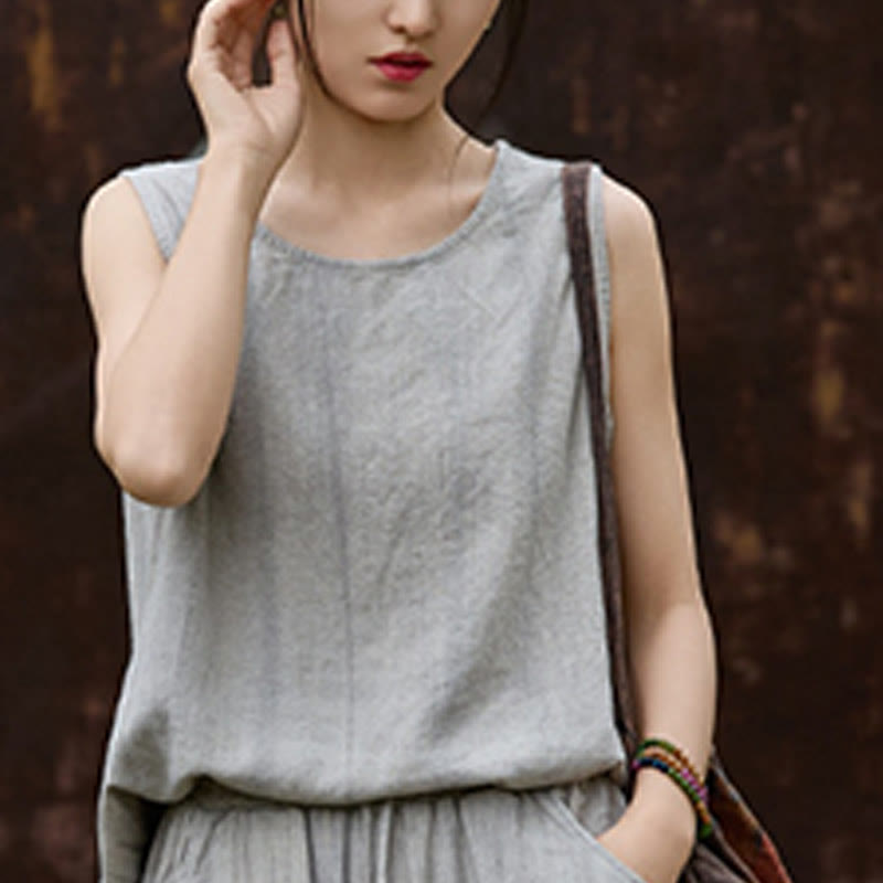 Buddha Stones Letnia lniana kamizelka bez rękawów z okrągłym dekoltem i nadrukiem tie-dye - image 18