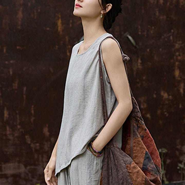 Buddha Stones Letnia lniana kamizelka bez rękawów z okrągłym dekoltem i nadrukiem tie-dye - image 21