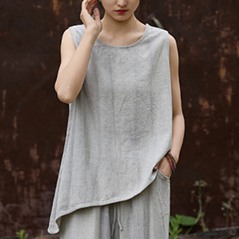 Buddha Stones Letnia lniana kamizelka bez rękawów z okrągłym dekoltem i nadrukiem tie-dye - image 20