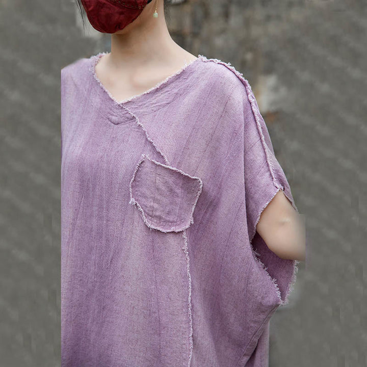 Letnie koszulki damskie z dekoltem w serek i krótkim rękawem w kolorze lnianym z motywem tie-dye i Buddha Stones - image 10