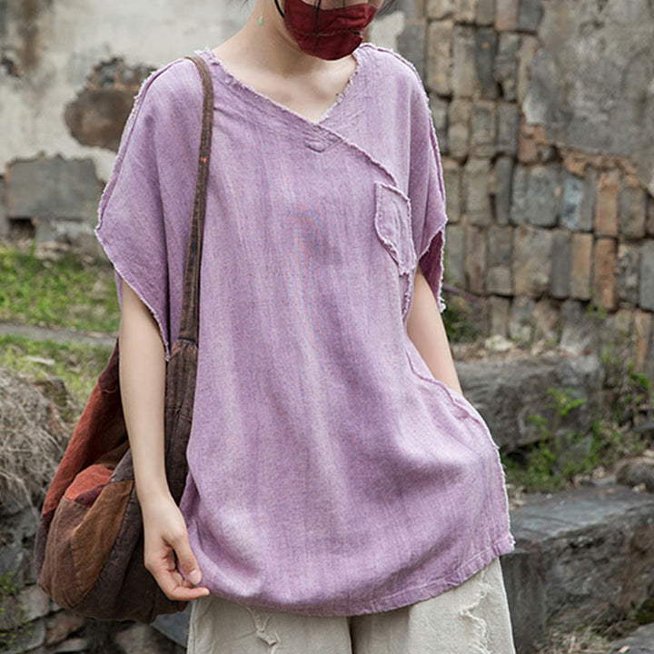 Letnie koszulki damskie z dekoltem w serek i krótkim rękawem w kolorze lnianym z motywem tie-dye i Buddha Stones - image 4
