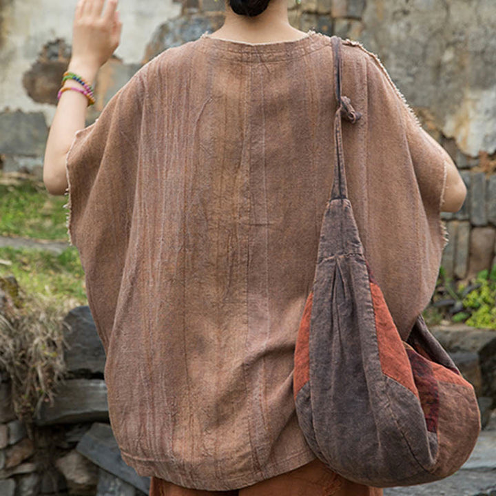 Letnie koszulki damskie z dekoltem w serek i krótkim rękawem w kolorze lnianym z motywem tie-dye i Buddha Stones - image 16